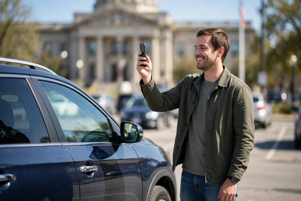 Relieved Texas driver checking traffic ticket dismissal status on smartphone outside courthouse